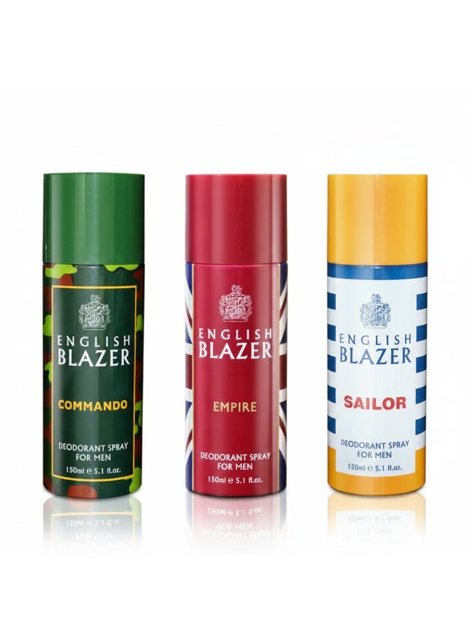 English Blazer Body Spray Set for Men (Commando + Empire + Sailor) – Long-Lasting Fresh Fragrance Deodorant | 3 × 150 ml - Image 1